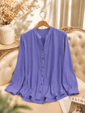 شومیز نخی زنانه ساده دکمه دار آستین بلند