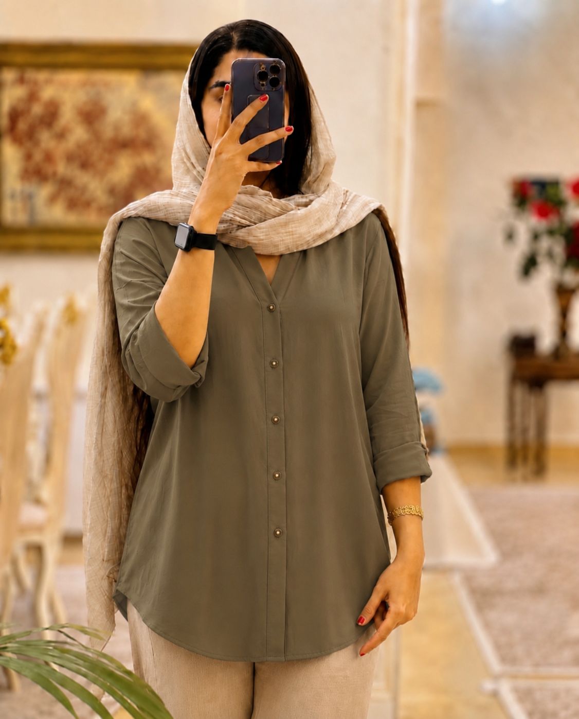 شومیز نخی زنانه ساده دکمه دار آستین بلند