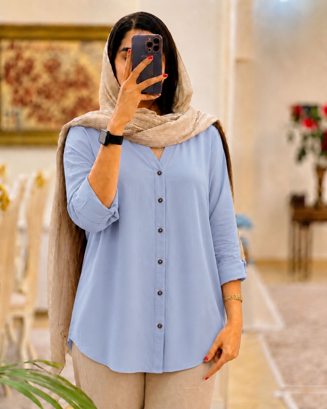شومیز نخی زنانه ساده دکمه دار آستین بلند