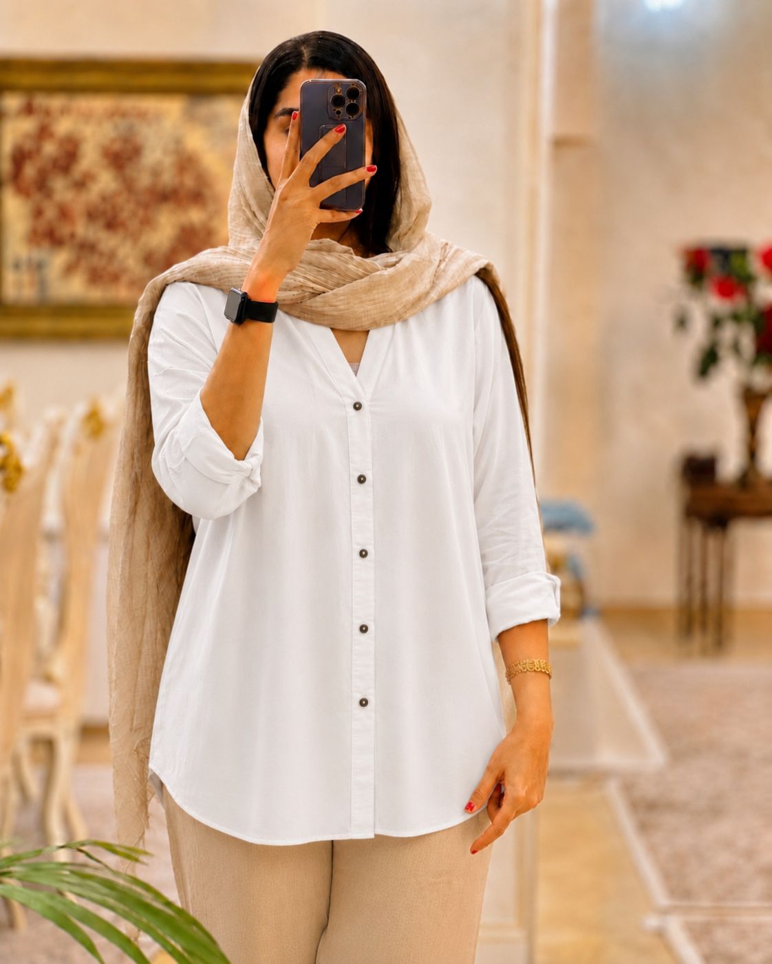 شومیز نخی زنانه ساده دکمه دار آستین بلند