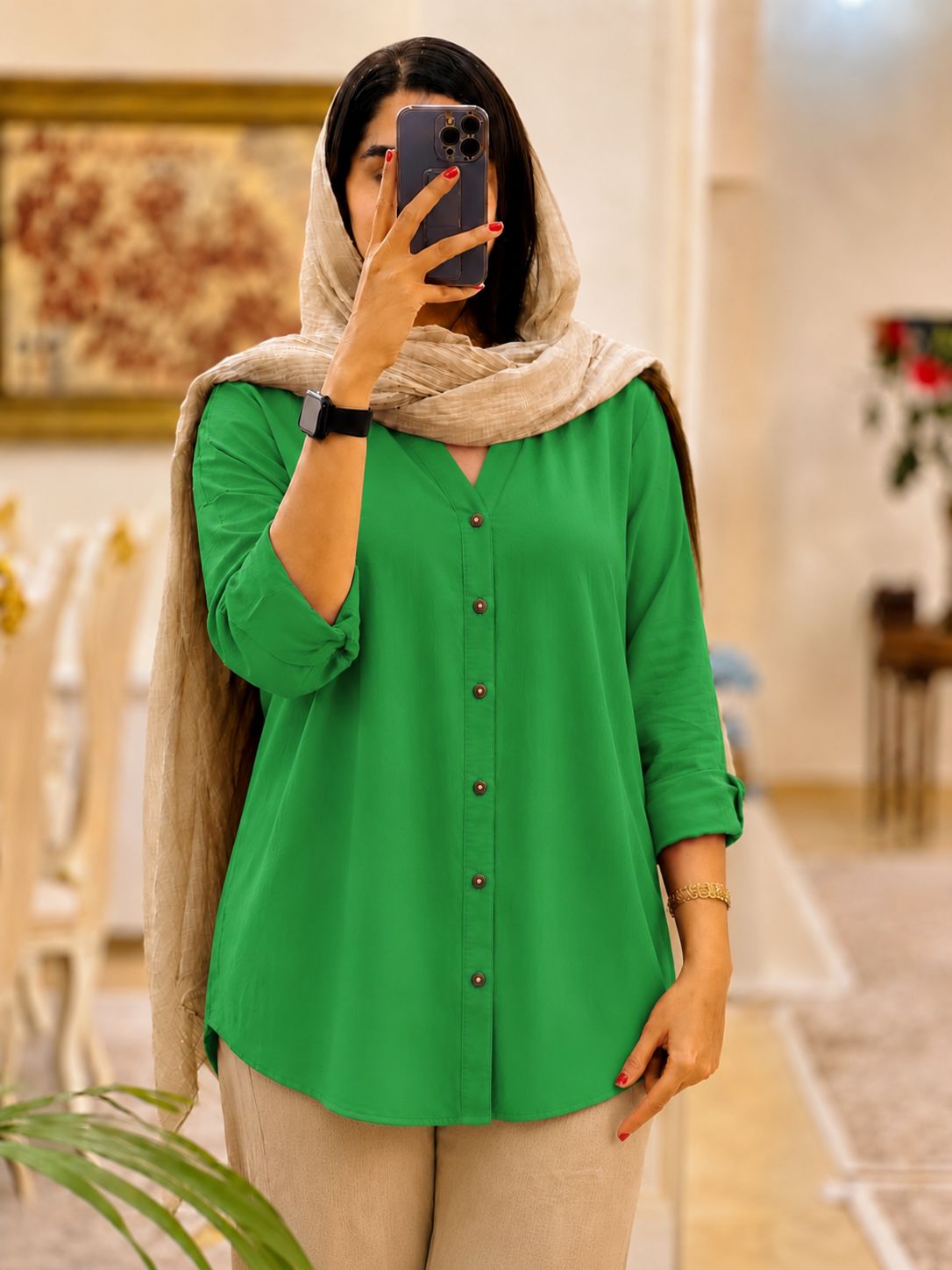 شومیز نخی زنانه ساده دکمه دار آستین بلند