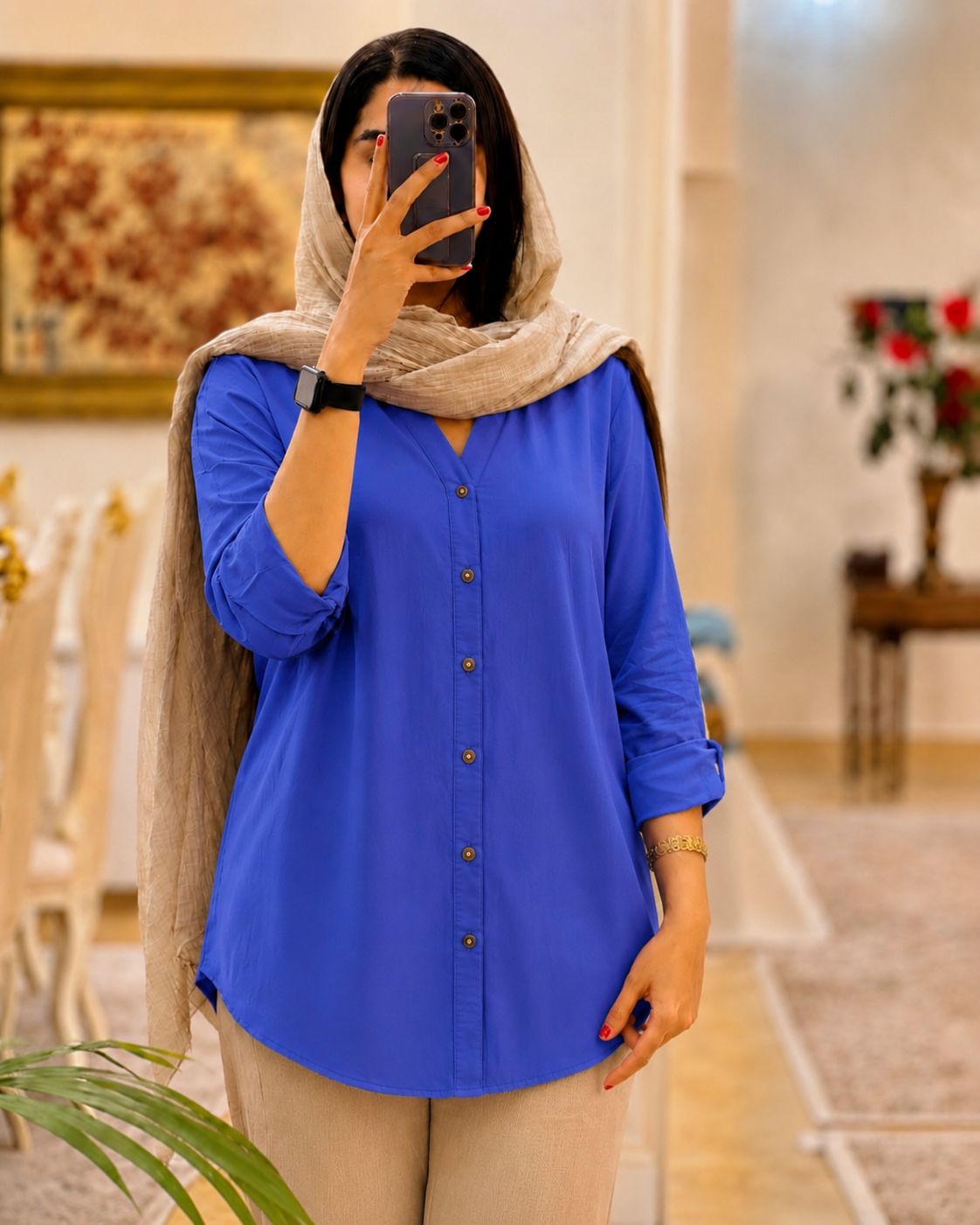 شومیز نخی زنانه ساده دکمه دار آستین بلند