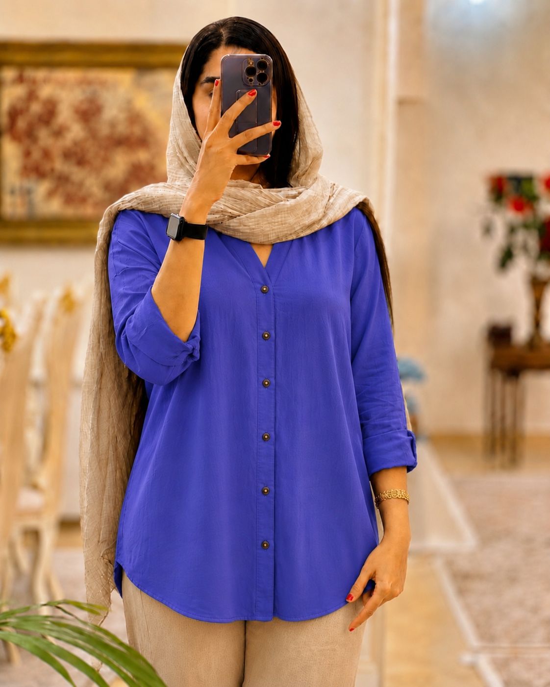 شومیز نخی زنانه ساده دکمه دار آستین بلند